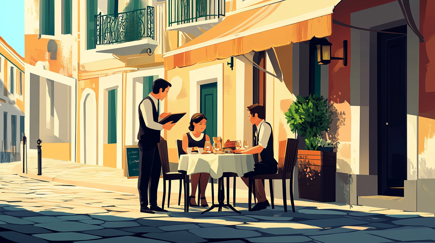 A couple dining outside a cafe in Portugal with a waiter talking to them about the menu.