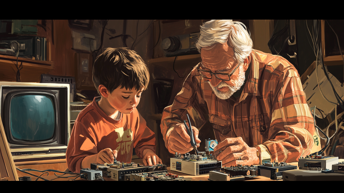 Grandfather and grandson working on tech components.