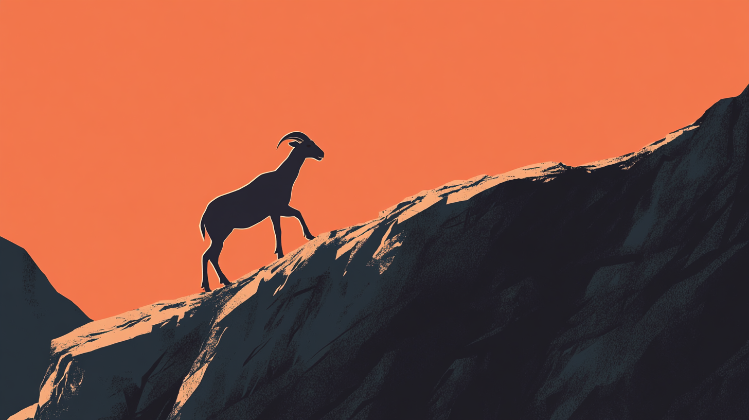 The silhouetted image of a goat climbing a mountain with a reddish background.