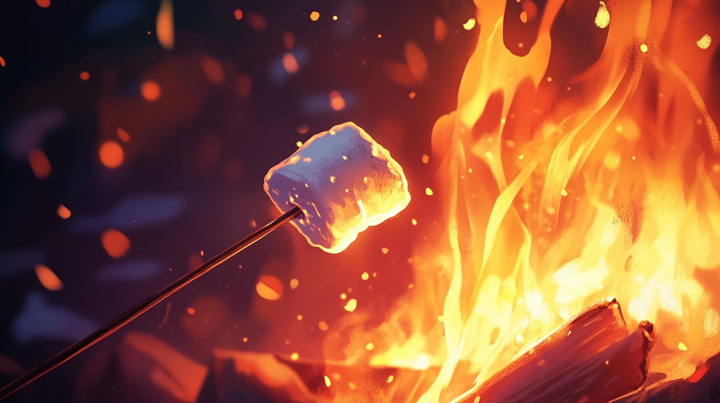 A marshmallow roasting next to a fire.