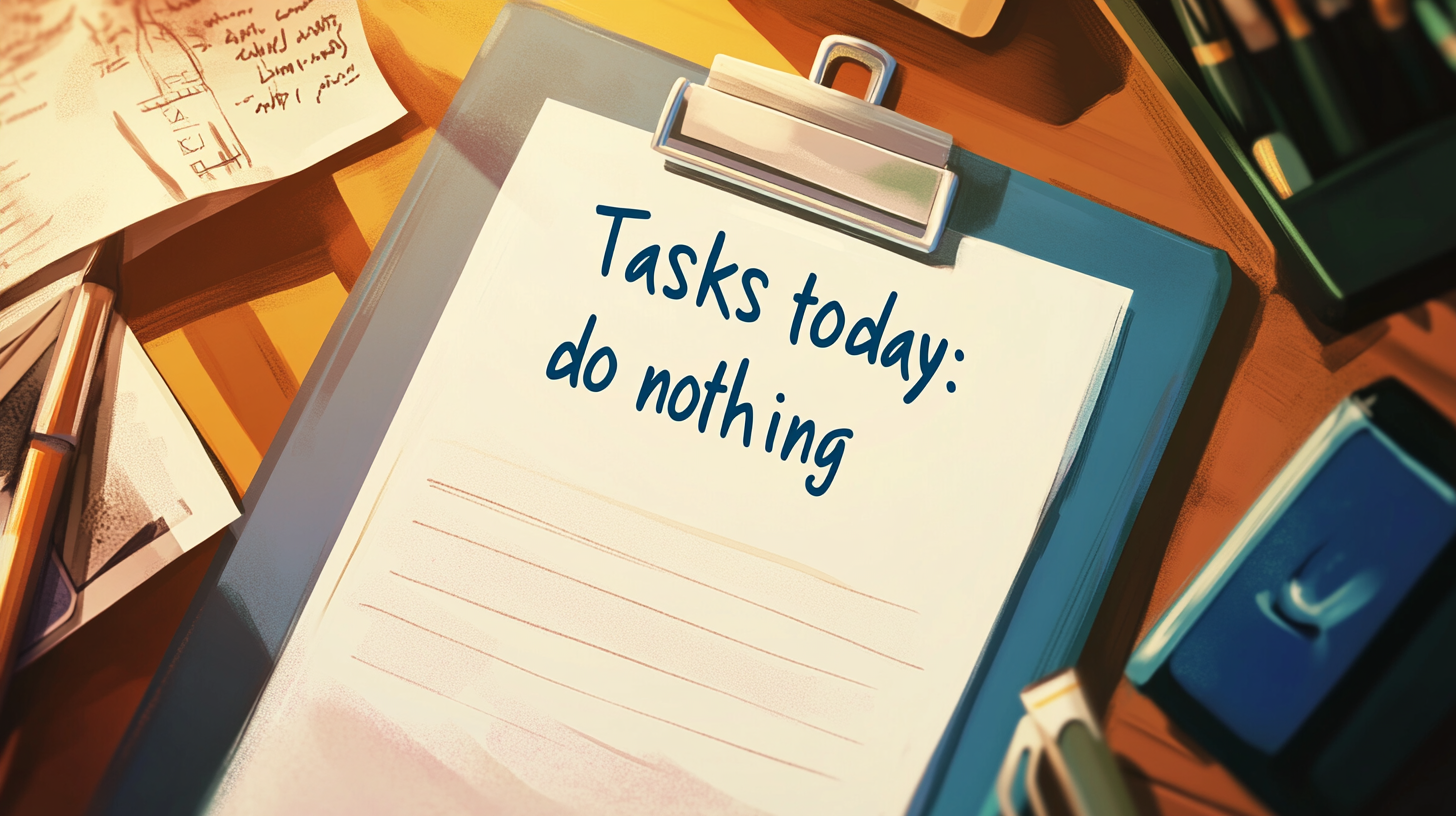 A clipboard with a piece of paper on it that says, "Tasks today: do nothing" with various office items around it.