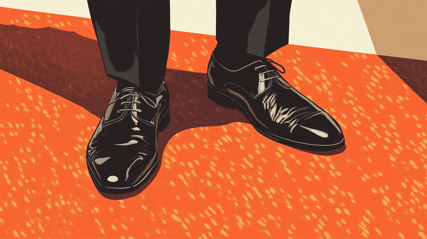 A closeup of a person's shiny business shoes standing on red carpet.