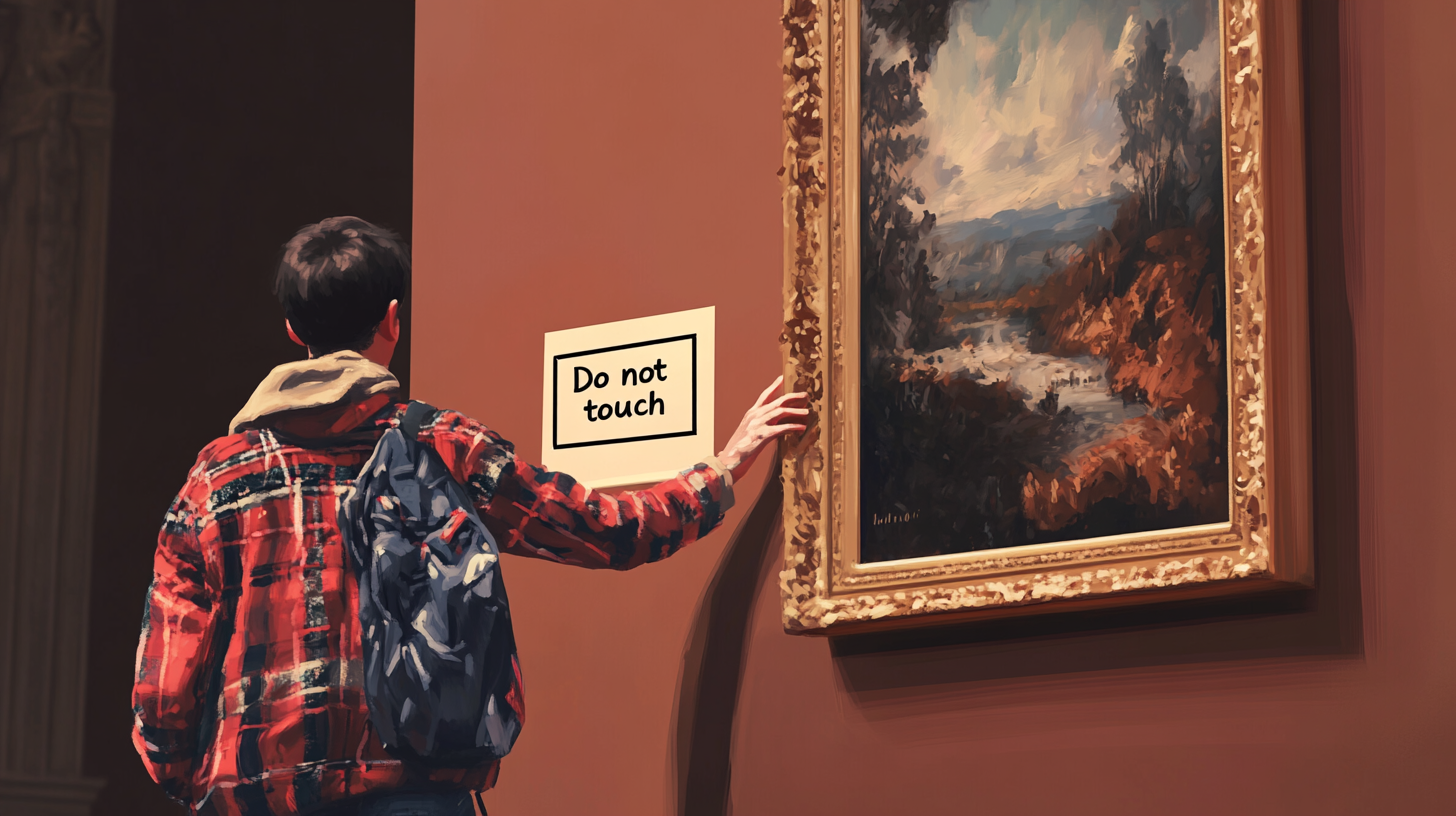 A boy touching a painting frame in an art museum, which is next to a sign that says "Do not touch".