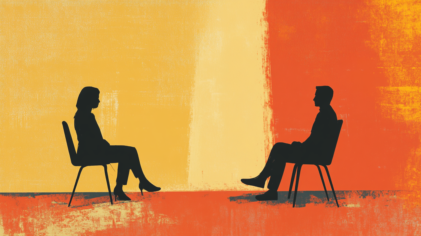 Two silhouetted people sitting across from one another against a reddish orange background.