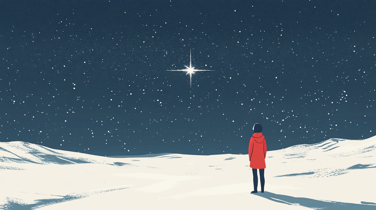 A person in a red jacket looking up at the north star.