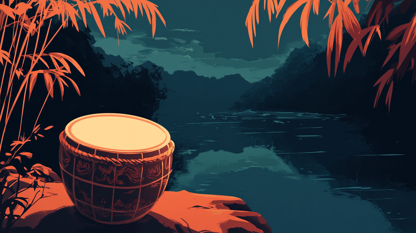 A dragon boat drum on land at night by a body of water.