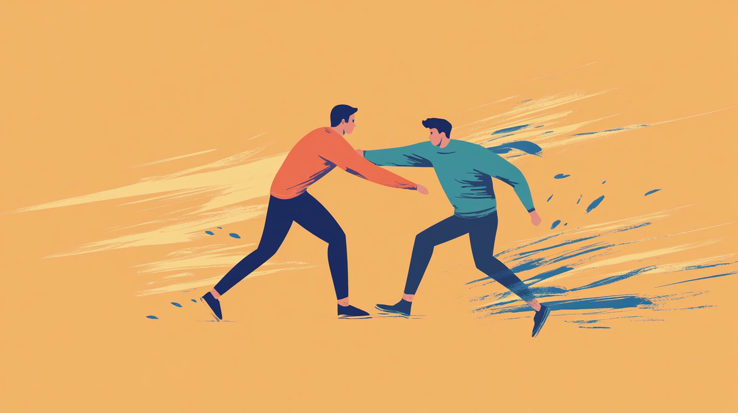 Two men fighting in different colored shirts against an orange background.