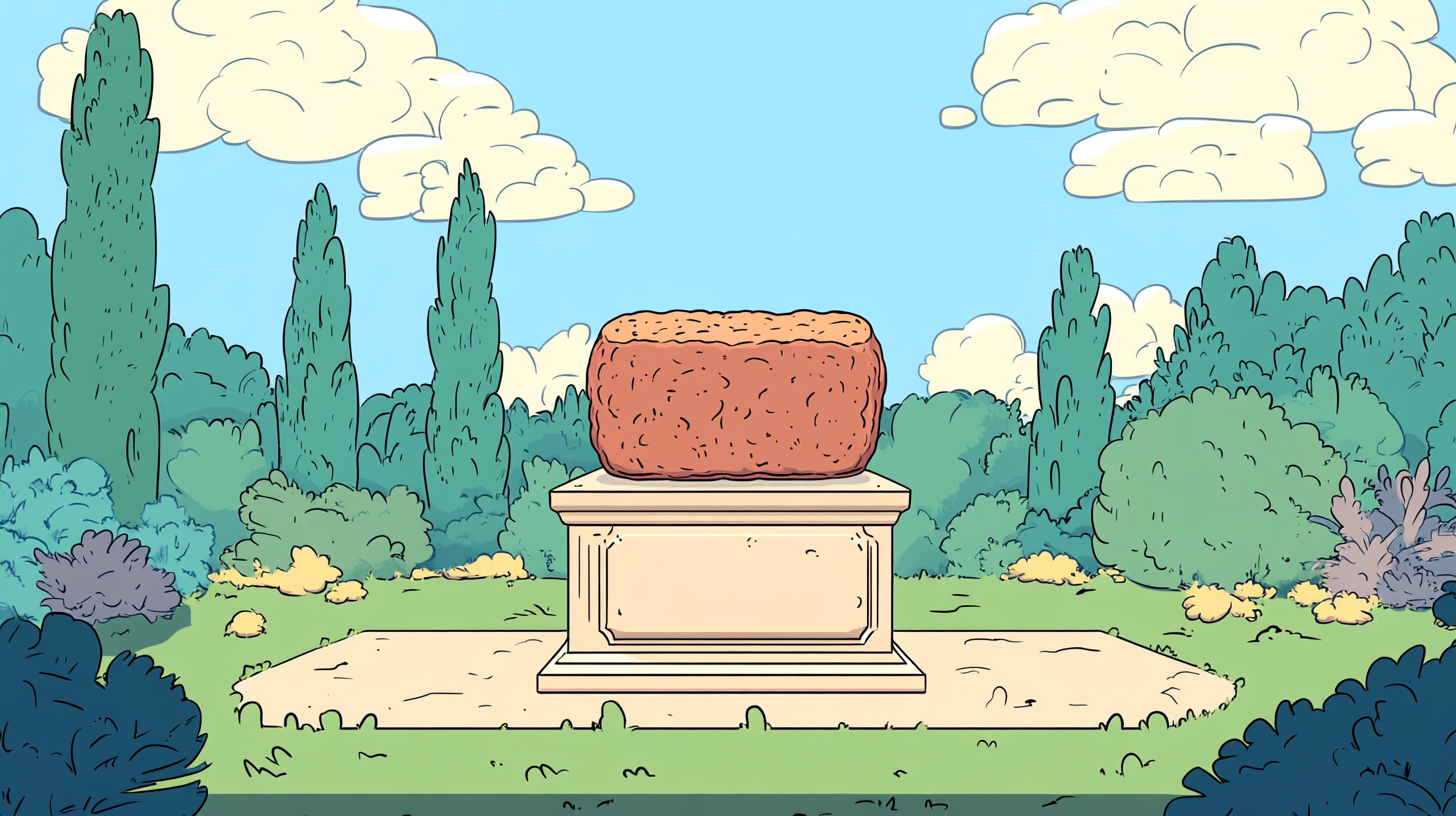 An illustrated depiction of a meatloaf on a pedestal in a garden.