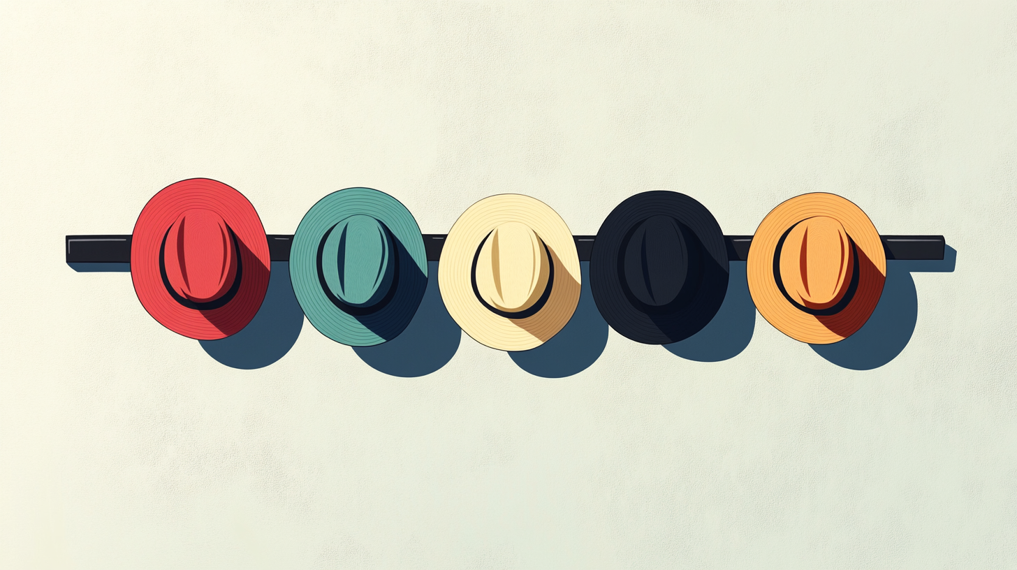 5 different colored hats hanging on a mounted coat rack