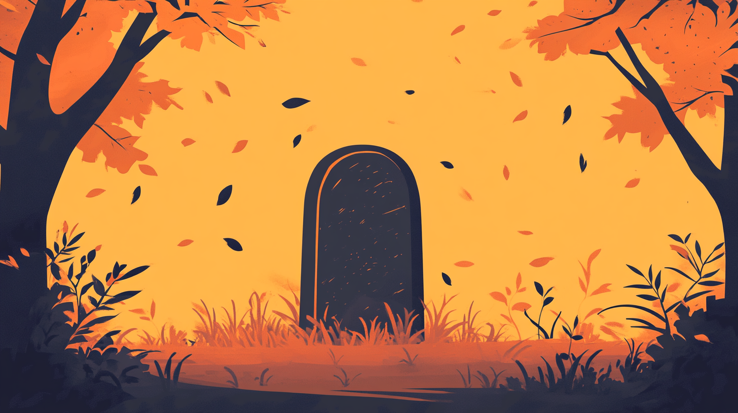 A gravestone with trees around and leaves falling, all portrayed with Halloween colors.