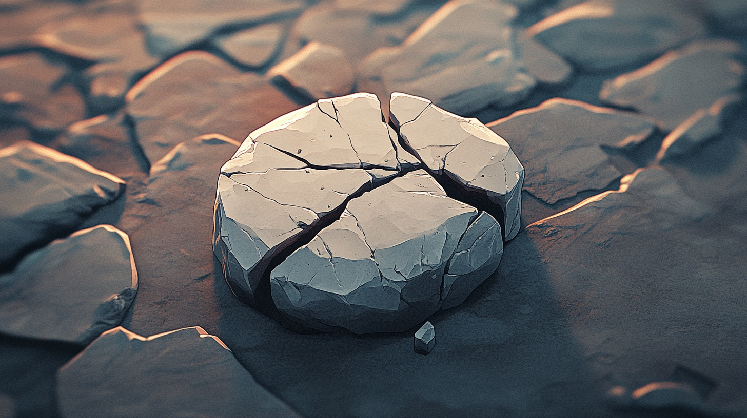 A cracked stone on a stony ground.