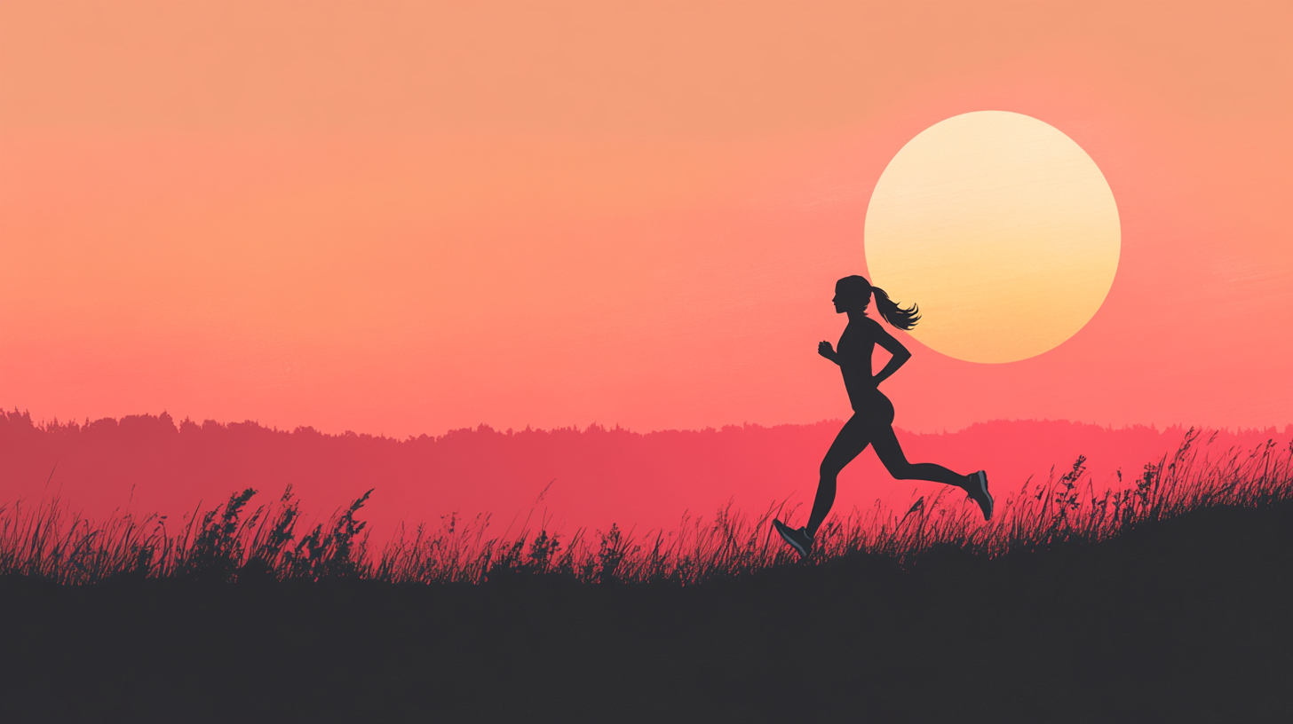 The silhouette of a woman jogging against a sunset.