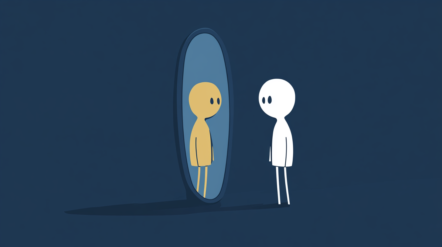 An illustrated depiction of a person staring into a mirror.