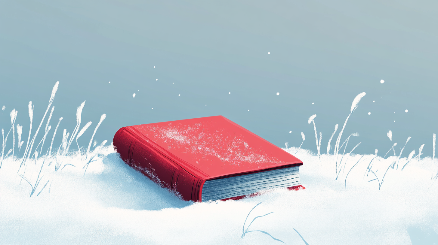 A red book laying in the snow.