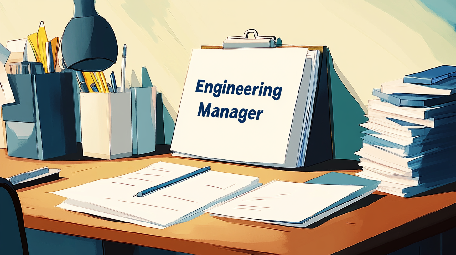 A desk scattered with pens and paper. "Engineering Manager" is written on the top sheet of paper on a clipboard.