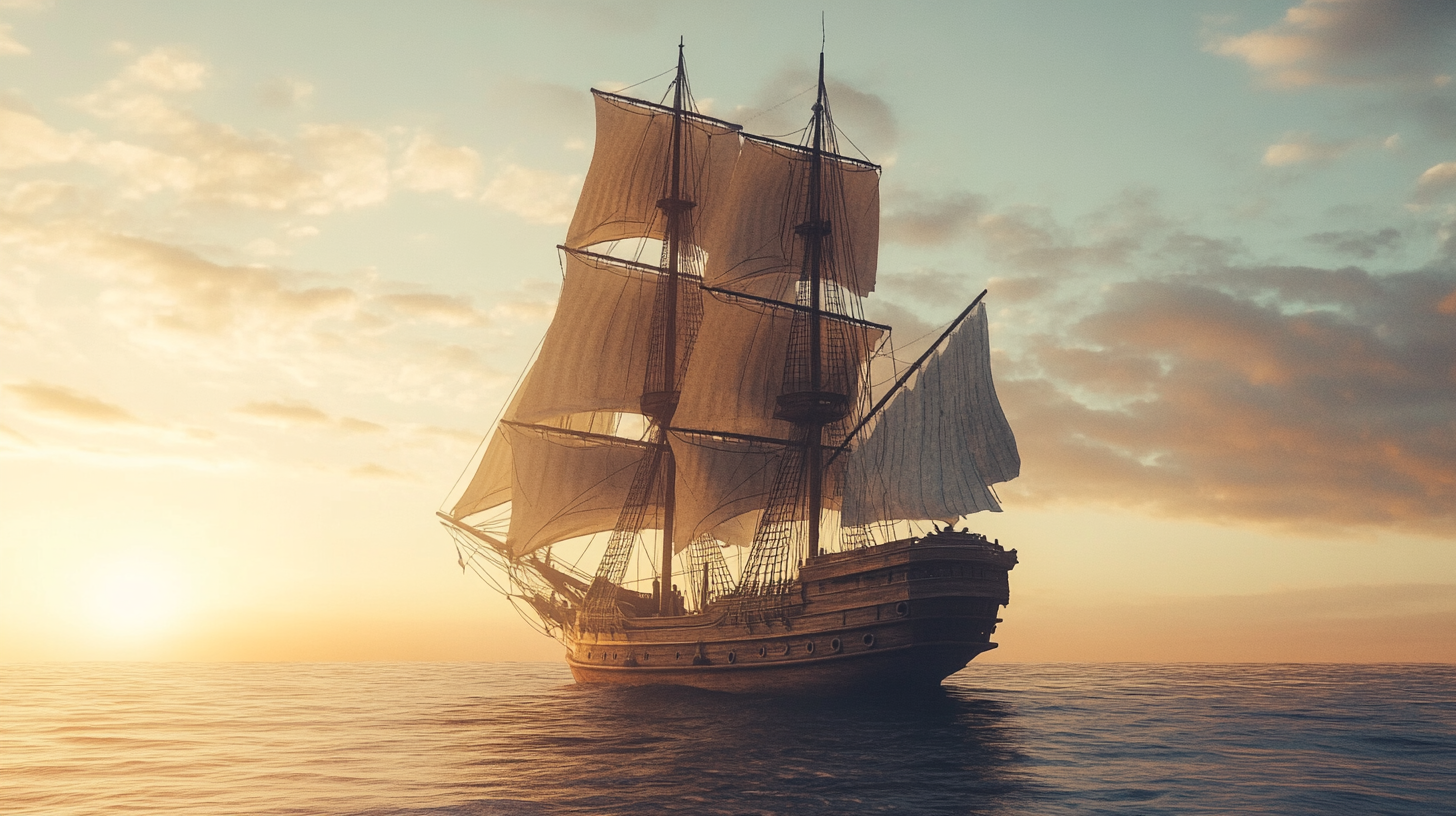 A tall ship sailing on the ocean. 