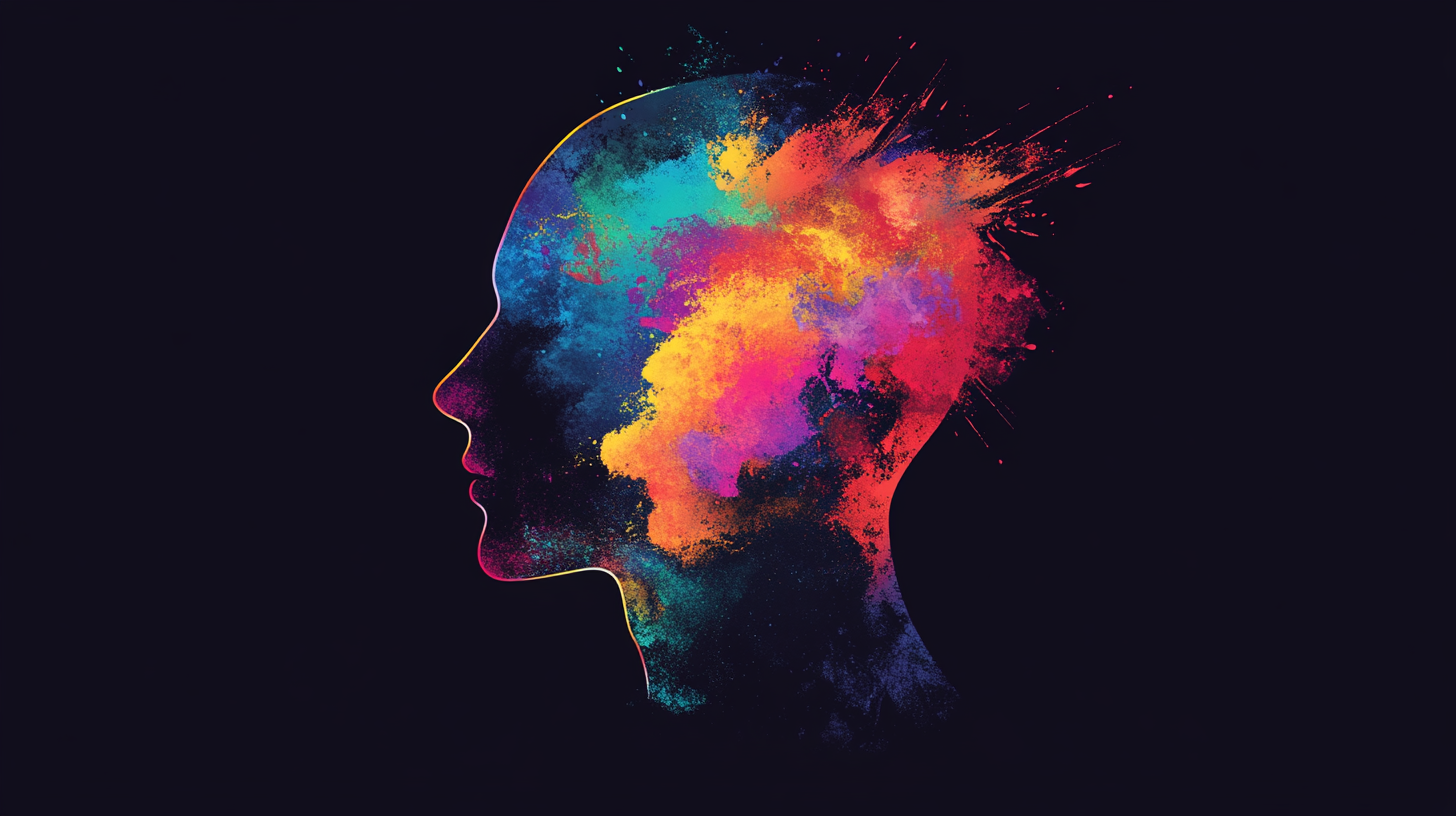 Profile of a human head made up of different colors.