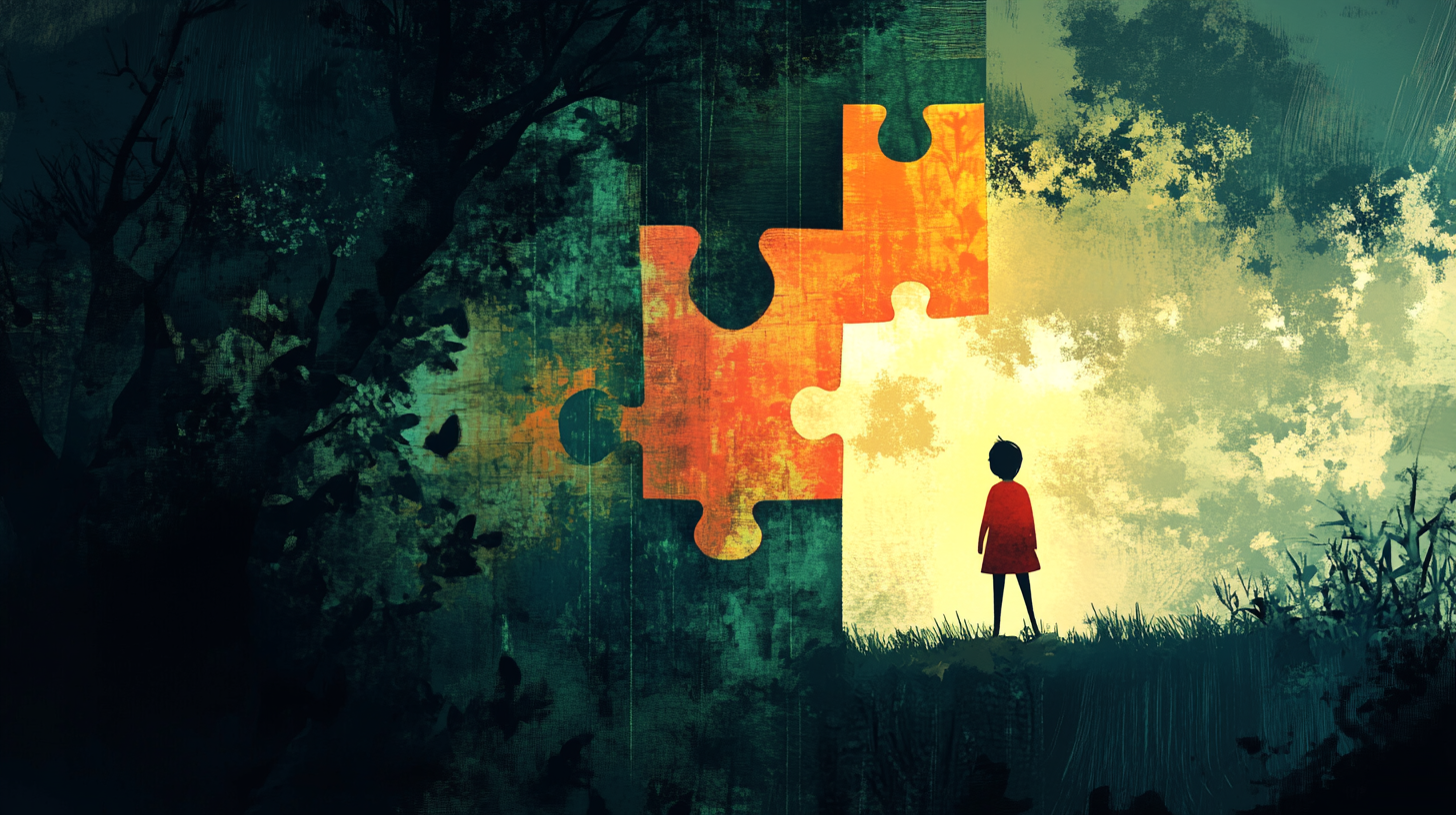 A person standing in the woods with puzzle pieces coming apart.