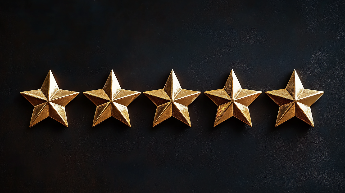 Five gold stars on a black background.