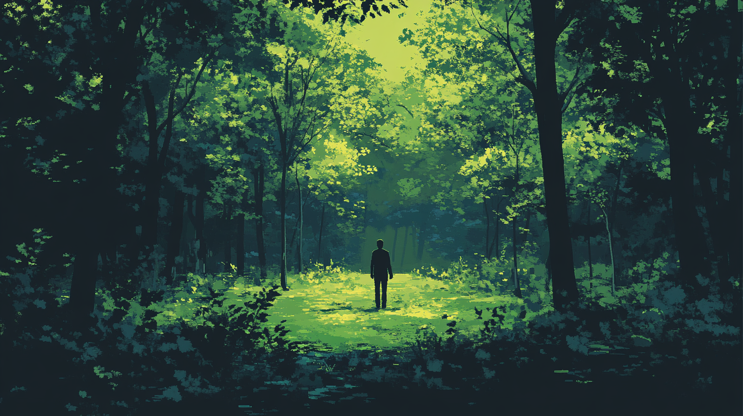 A person standing alone in the woods.